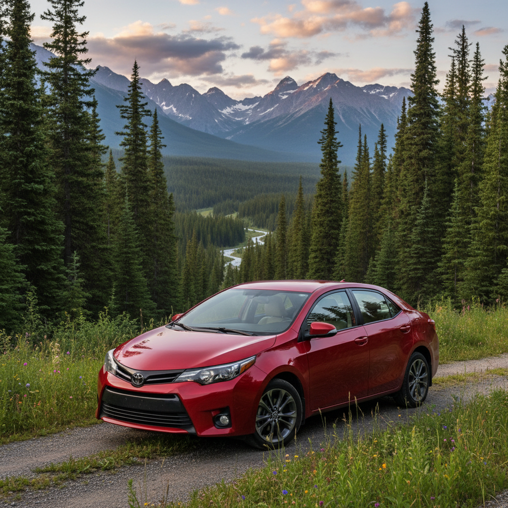 toyota corolla w kolorze czerwonym w plenerze koło lasu, piękny widok na góry